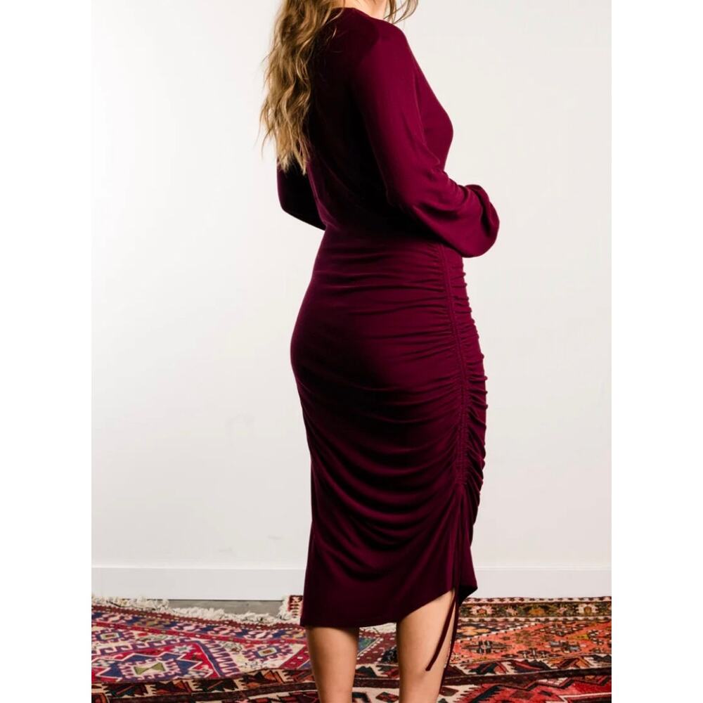 Able Addie Maroon Ruched Asymmetrical Hem Long Sleeve V Neck Dress Medium